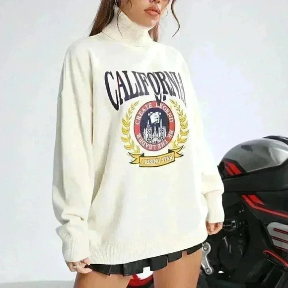 Beige Casual Womens Letter Graphic Turtleneck Drop Shoulder Sweater - Picture 4 of 5